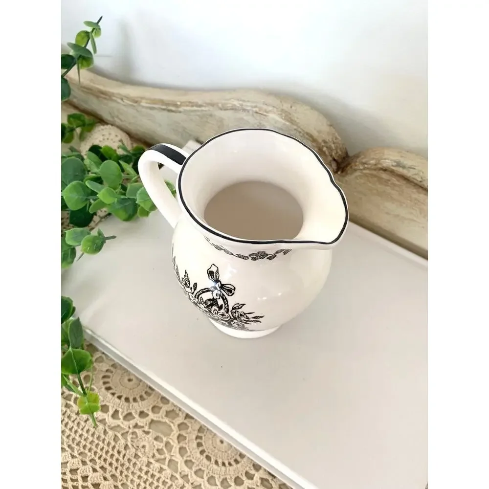 Vintage Black Transferware Creamer Vase New England Toile Farmhouse Whimsigoth